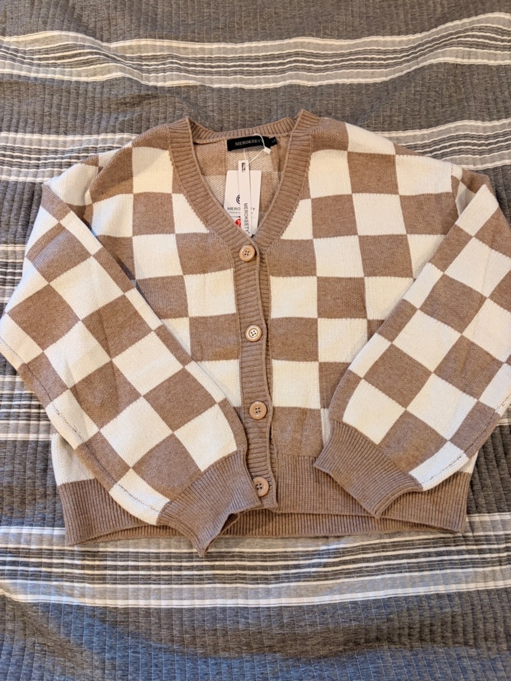 NWT Merokeety Checkerboard V-Neck Cardigan Sweater - Brown & Cream Women’s Large